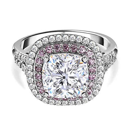 Moissanite & Pink Sapphire Ring in Platinum Overlay Sterling Silver 3.96 Ct.