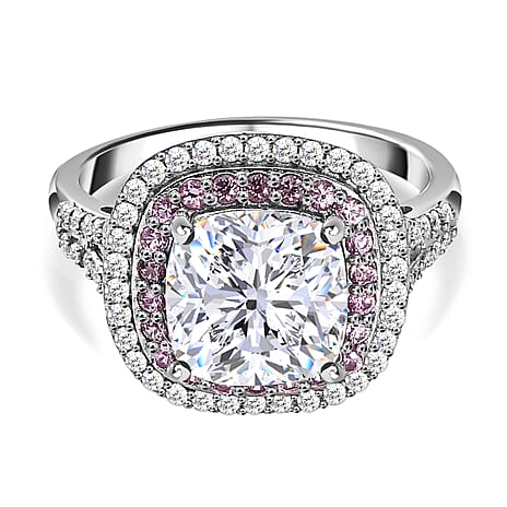 Moissanite & Pink Sapphire Ring in Platinum Overlay Sterling Silver 3.96 Ct.