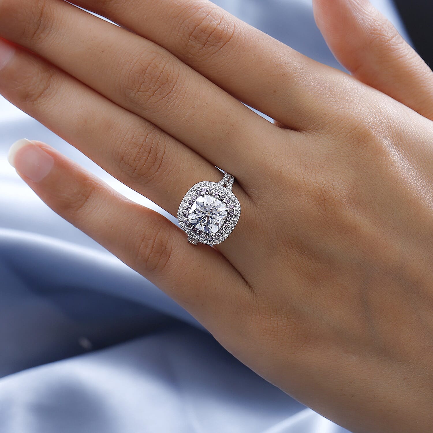 Moissanite & Pink Sapphire Ring in Platinum Overlay Sterling Silver 3.96 Ct.