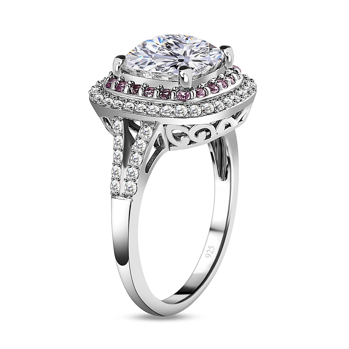 Moissanite & Pink Sapphire Ring in Platinum Overlay Sterling Silver 3.96 Ct.