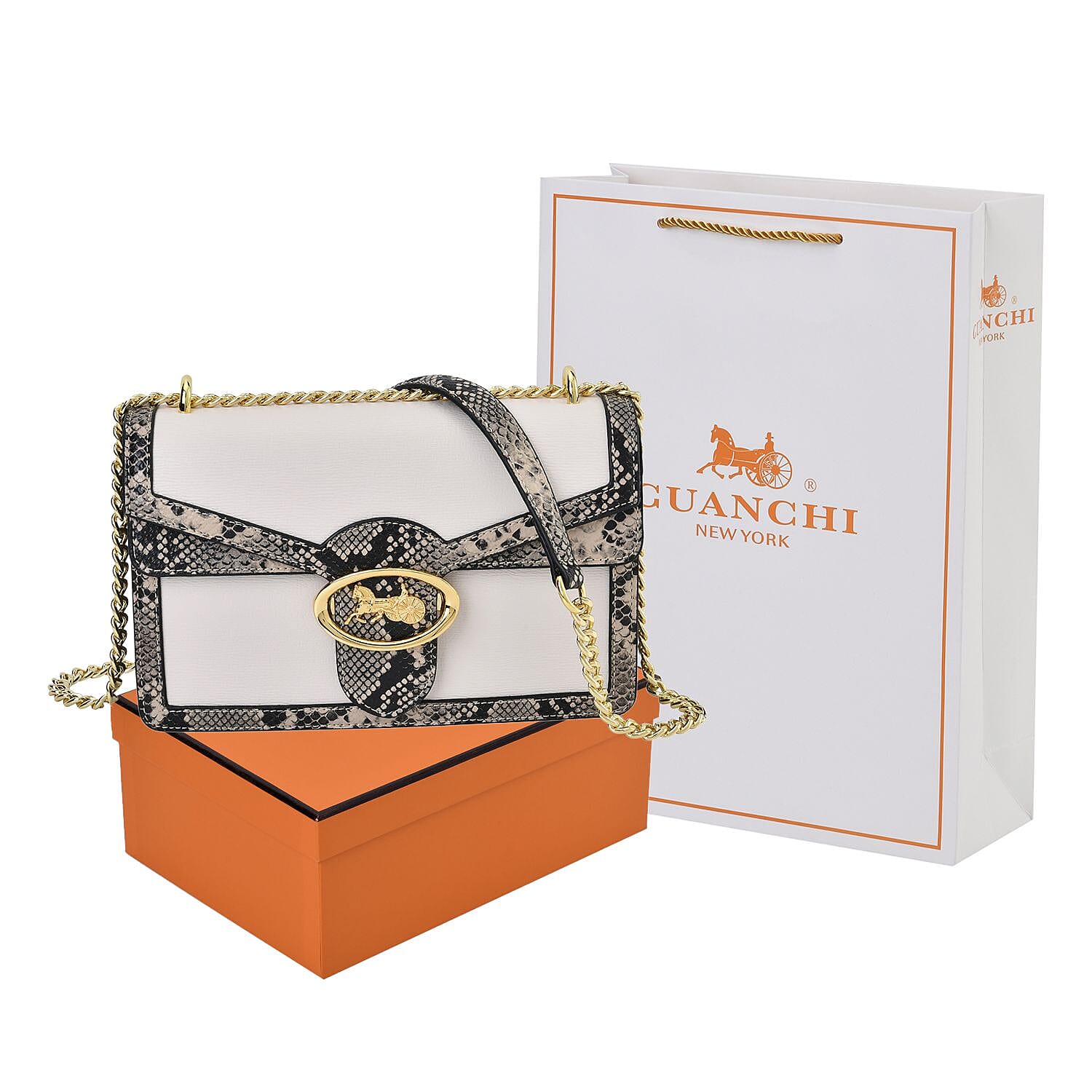 New Designer Launch GUANCHI New York Snakeskin Crossbody Bag - White - Black