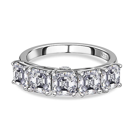 Asscher Cut Moissanite Band Ring in Platinum Overlay Sterling Silver 3.21 Ct.