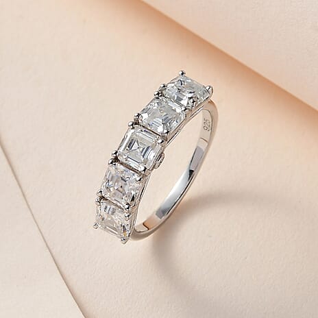 Asscher Cut Moissanite Band Ring in Platinum Overlay Sterling Silver 3.21 Ct.
