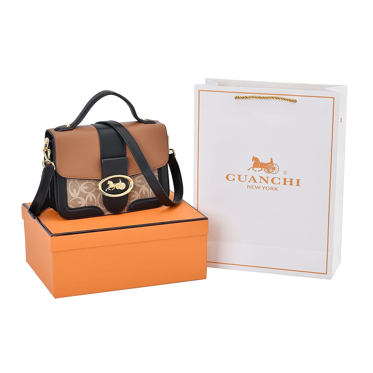 New Designer Launch GUANCHI New York Oval Pattern Cossbody Bag With Handle Drop - Shoulder Strap - Brown - Black