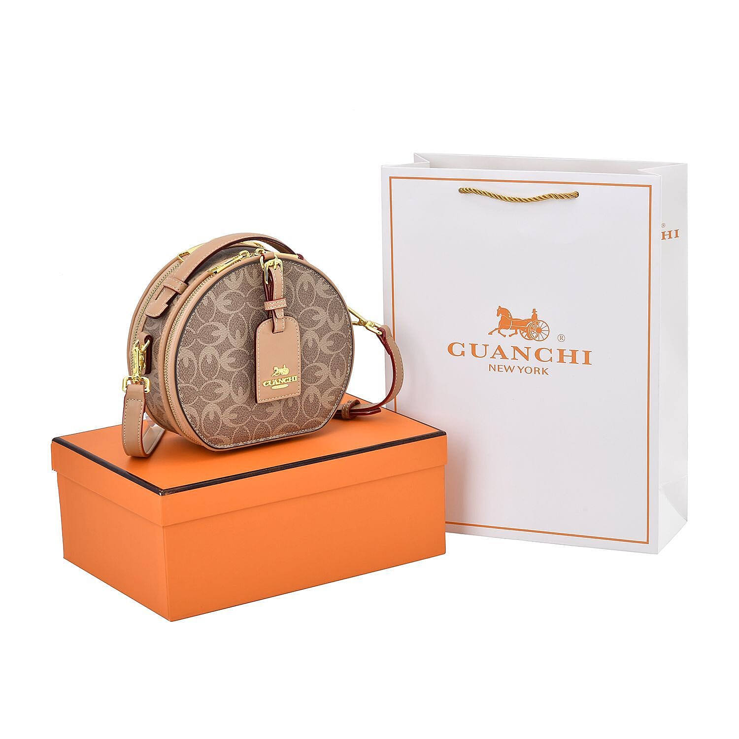 New Designer Launch GUANCHI New York Oval Pattern Cossbody Bag With Handle Drop - Shoulder Strap - Brown