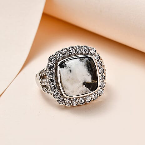 White Buffalo and Natural Zircon Halo Ring in Platinum Overlay Sterling Silver 8.74 Ct, Silver Wt. 5.10 Gms