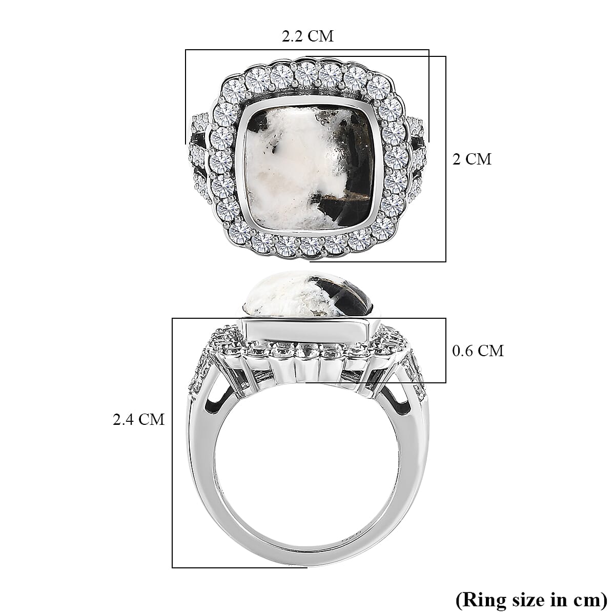 White Buffalo and Natural Zircon Halo Ring in Platinum Overlay Sterling Silver 8.74 Ct, Silver Wt. 5.10 Gms White Buffalo and Natural Zircon Halo Ring in Platinum Overlay Sterling Silver 8.74 Ct, Silver Wt. 5.10 Gms