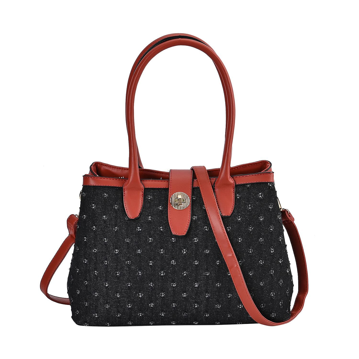 Dot Pattern Crossbody Bag With 2 Exterior Zipper Pockets & Handle Drop - Black