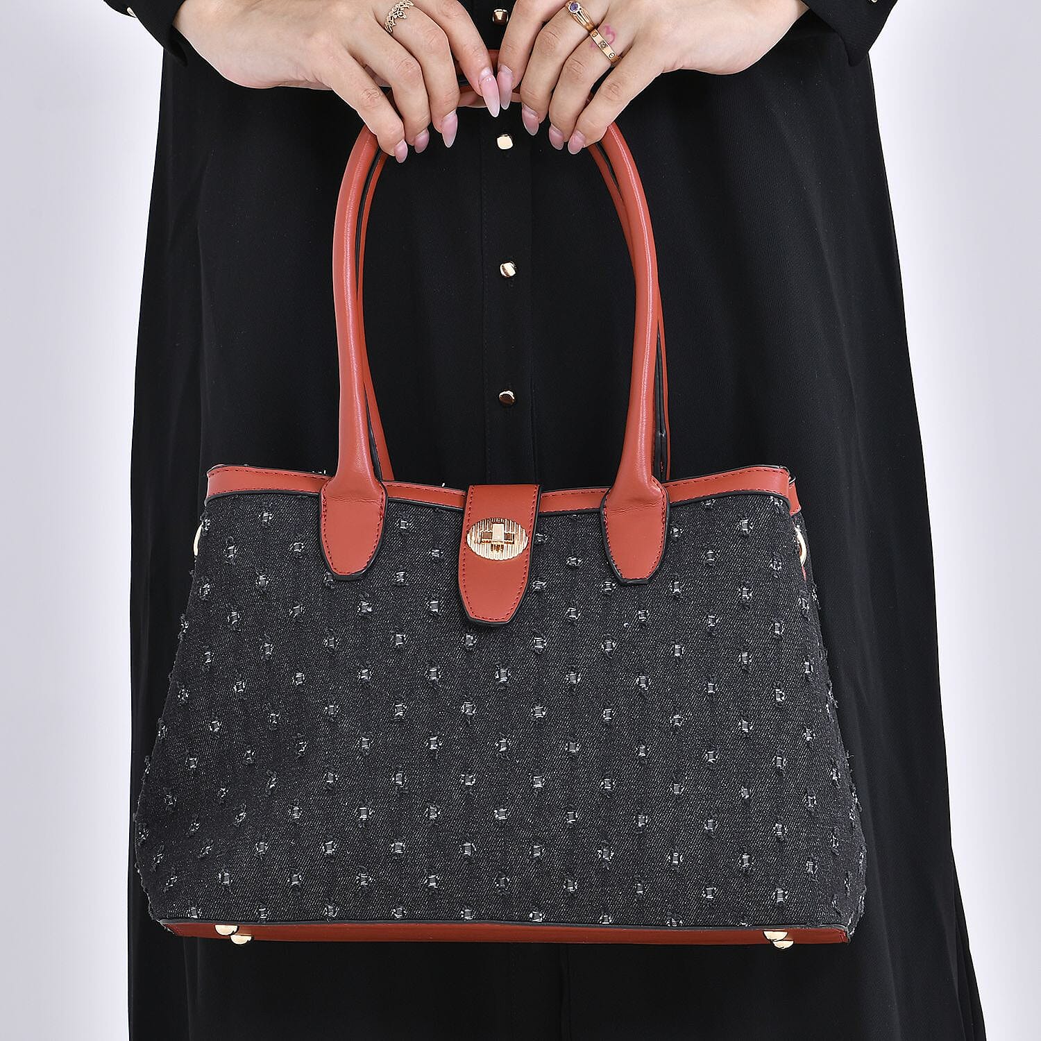 Dot Pattern Crossbody Bag With 2 Exterior Zipper Pockets & Handle Drop - Black