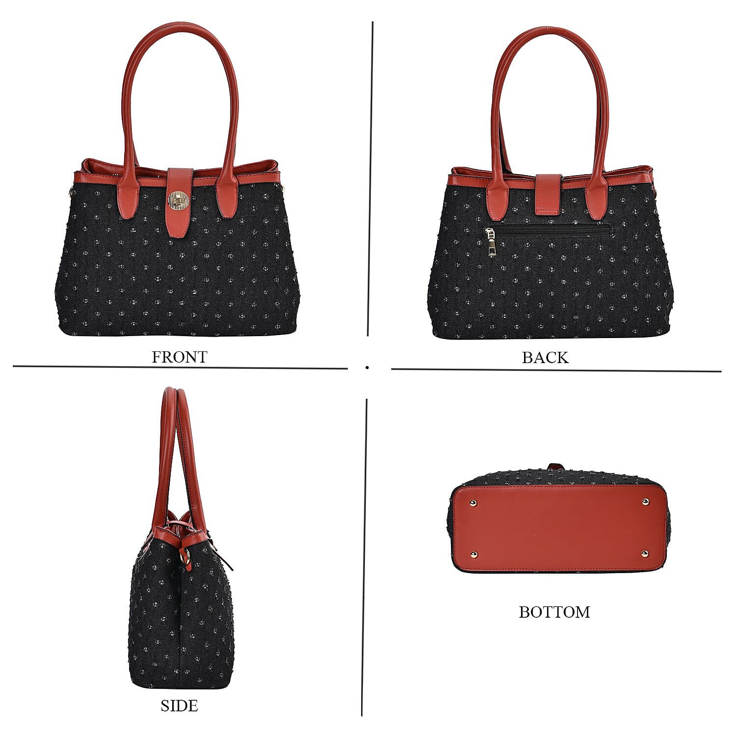 Dot Pattern Crossbody Bag With 2 Exterior Zipper Pockets & Handle Drop - Black