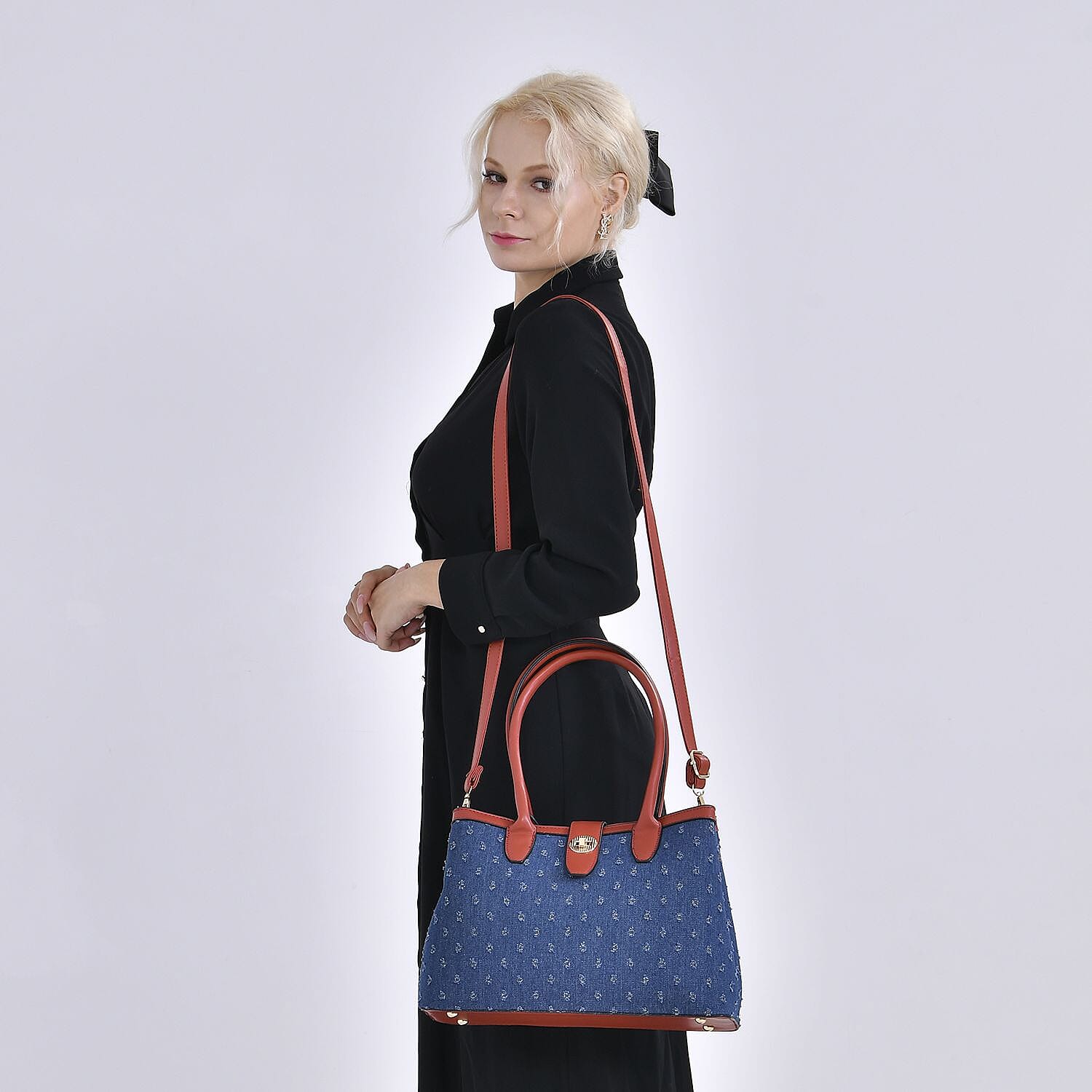 Dot Pattern Crossbody Bag With 2 Exterior Zipper Pockets - Handle Drop - Blue