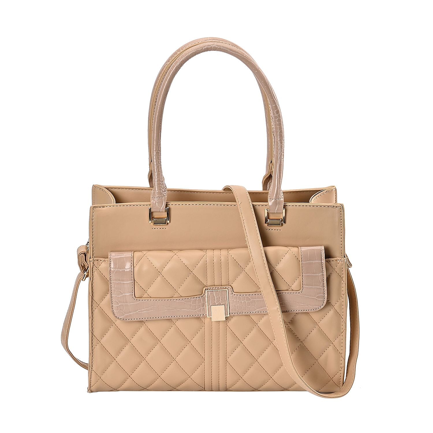 CloseOut- Checker Pattern Crossbody Bag With Font Pocket & Handle Drop - Beige