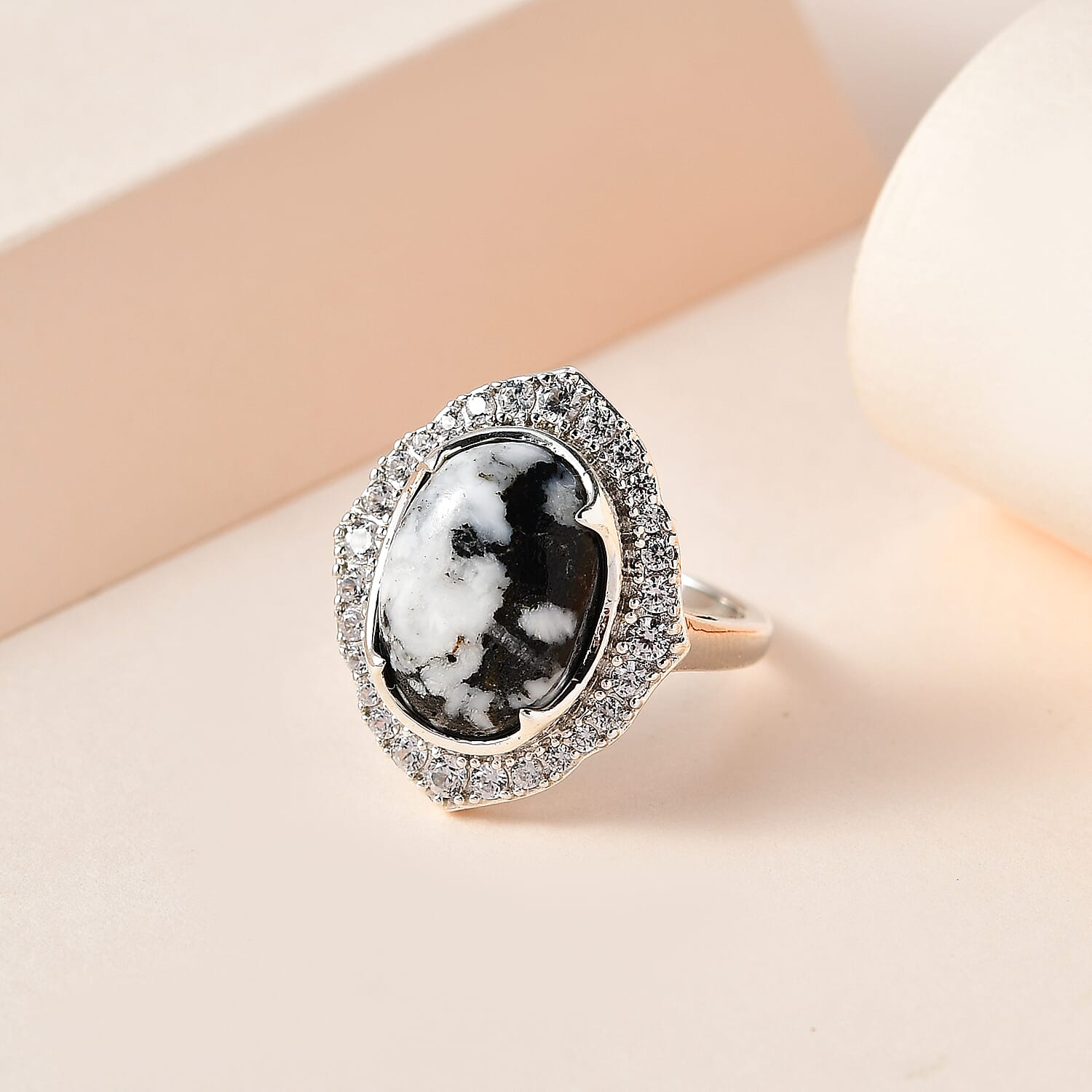 White Buffalo and Natural Zircon Ring in Platinum Overlay Sterling Silver 6.53 Ct