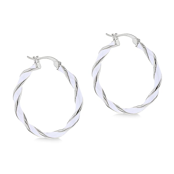 White Enamel Large Twister Hoop Creole Earrings in Sterling Silver ...