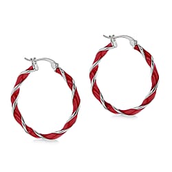 Red Enamel Large Twister Hoop Earrings in Sterling Silver Rhodium Plated 31mm