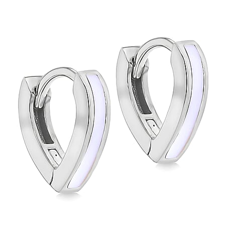 White Enamel V Shape Huggie Hoop Earrings in Sterling Silver Rhodium Plated