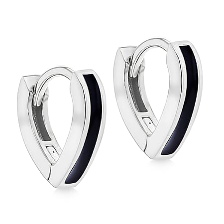 Black Enamel V Shape Huggie Hoop Earrings in Sterling Silver Rhodium Plated