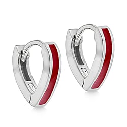 Red Enamel V Shape Huggie Hoop Earrings in Sterling Silver Rhodium Plated