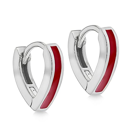 Red Enamel V Shape Huggie Hoop Earrings in Sterling Silver Rhodium Plated