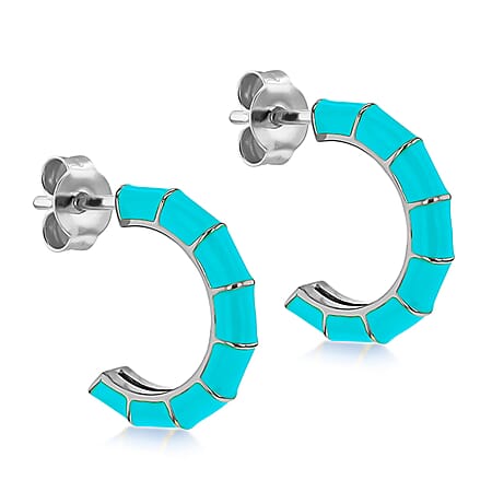 Turquoise Enamel Half Hoop Stud Earrings in Sterling Silver Rhodium Plated 3mm x 16.5mm