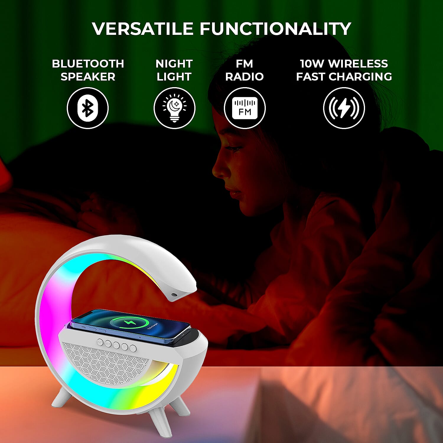 Bluetooth Speaker Table Lamp with 15W Wireless Fast Charging, Multi Light Modes - 1200 mAh Rechargeable Battery, (Output Power 5W)
