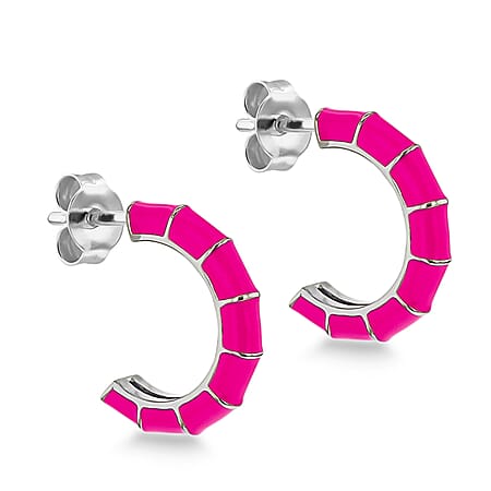 Pink Enamel Half Hoop Stud Earrings in Sterling Silver Rhodium Plated 3mm x 16.5mm