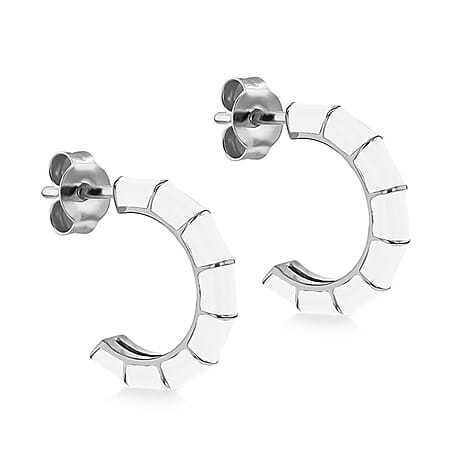 White Enamel Half Hoop Stud Earrings in Sterling Silver Rhodium Plated 3mm x 16.5mm