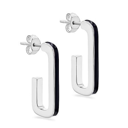 Black Enamel J Shape Stud Earrings in Sterling Silver 2.5mm x 20mm