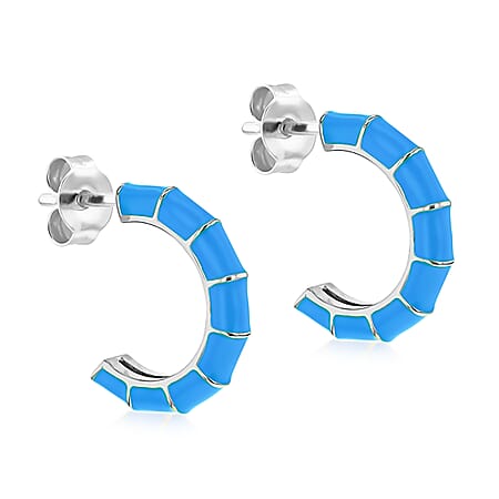 Blue Enamel Half Hoop Stud Earrings in Sterling Silver