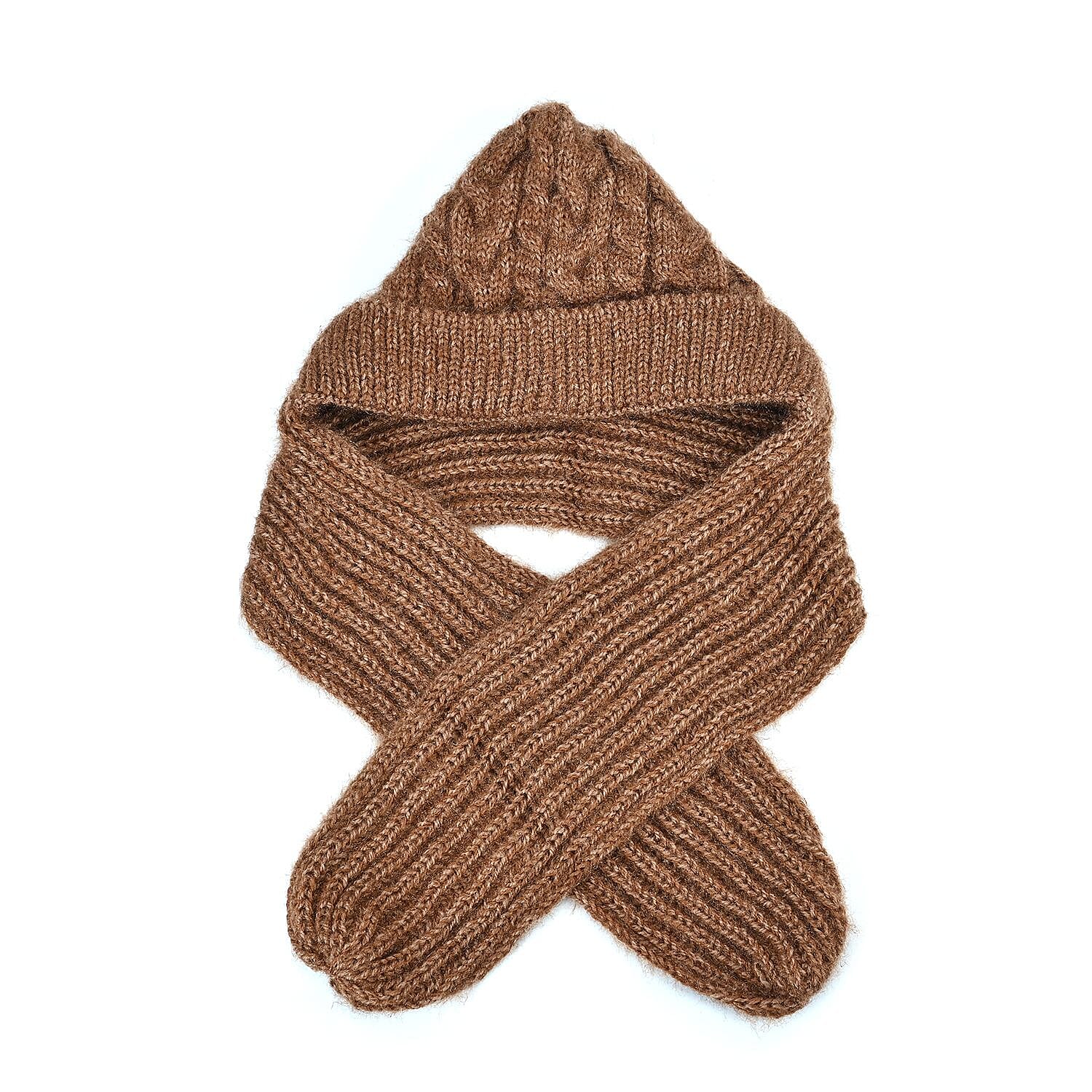 Double Layered 2 in 1 Knitted Hooded Scarf - Brown