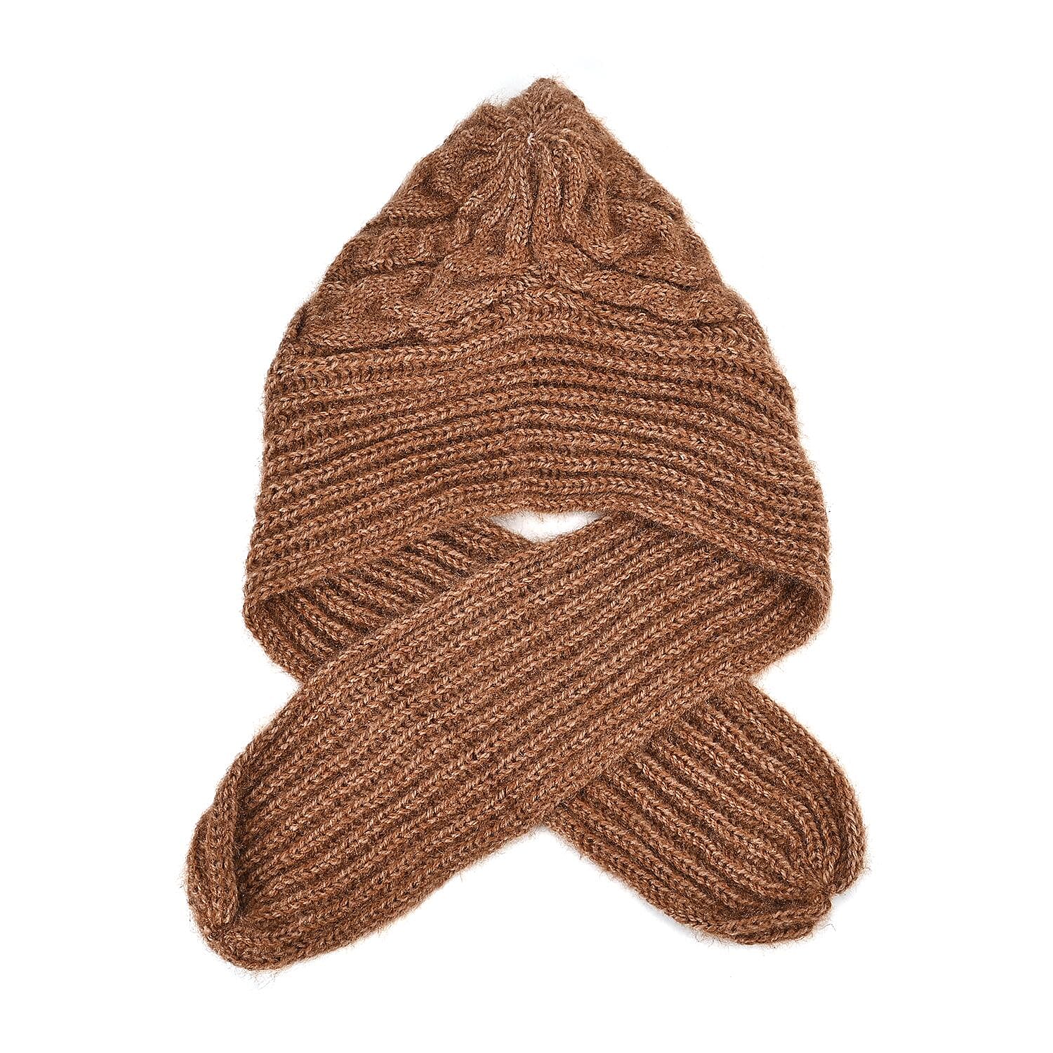 Double Layered 2 in 1 Knitted Hooded Scarf - Brown