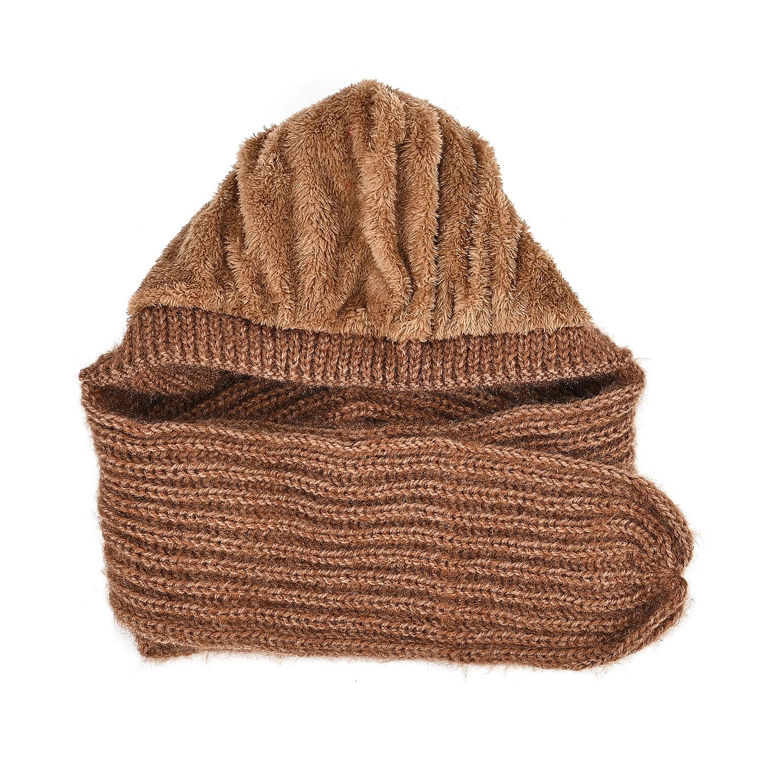 Double Layered 2 in 1 Knitted Hooded Scarf - Brown
