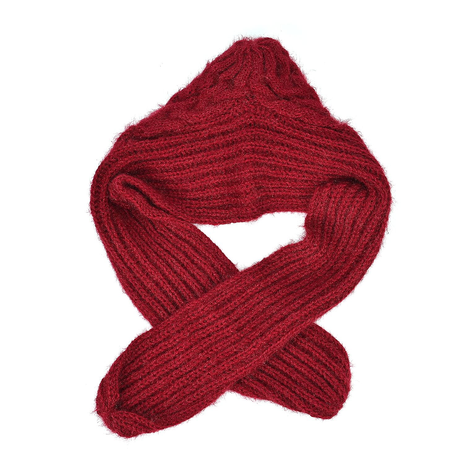 Double Layered 2 in 1 Knitted Hooded Scarf - Red