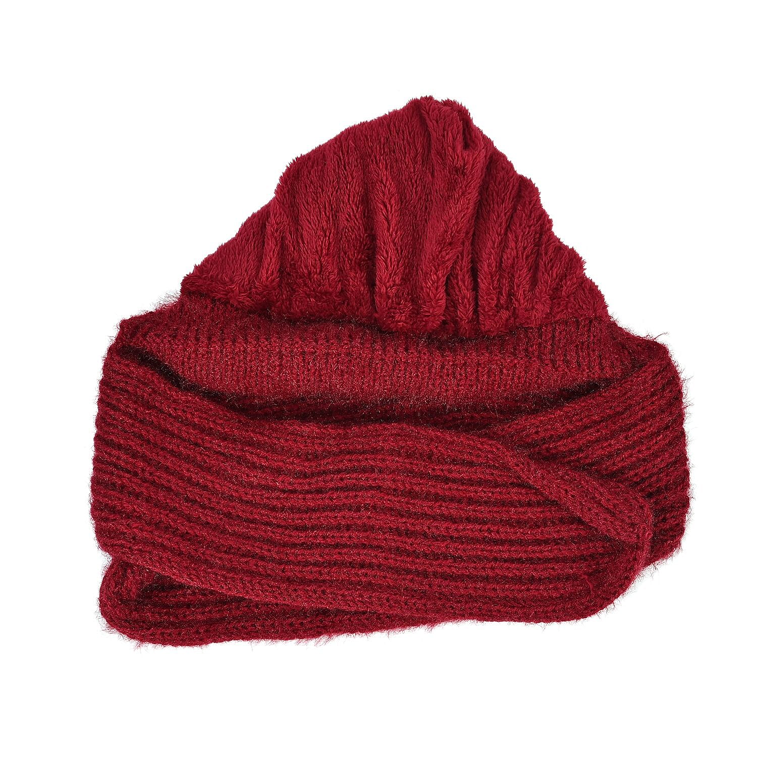 Double Layered 2 in 1 Knitted Hooded Scarf - Red