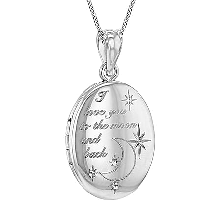 Oval Shape Love You To The Moon And Back Small Locket Pendant in Sterling Silver Rhodium Plated