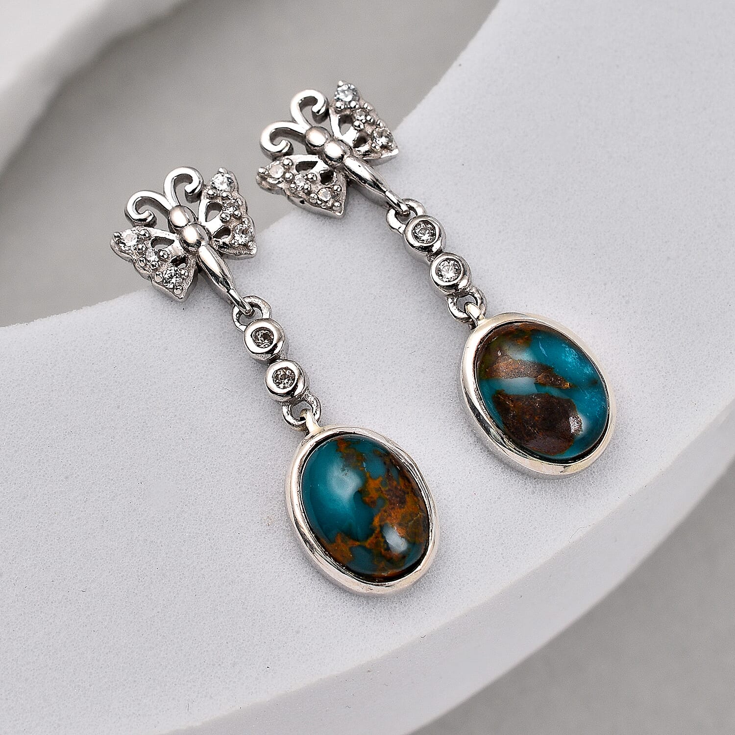 Sierra Nevada Turquoise and Natural Zircon Earrings in Platinum Overlay Sterling Silve 2.93 Ct.