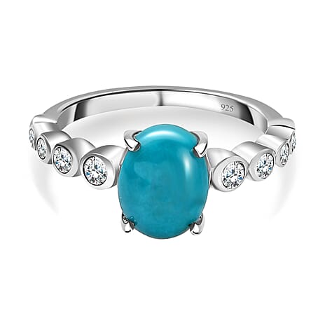 Sierra Nevada Turquoise & Natural Zircon Solitaire Ring in Platinum Overlay Sterling Silver 2.25 Ct.