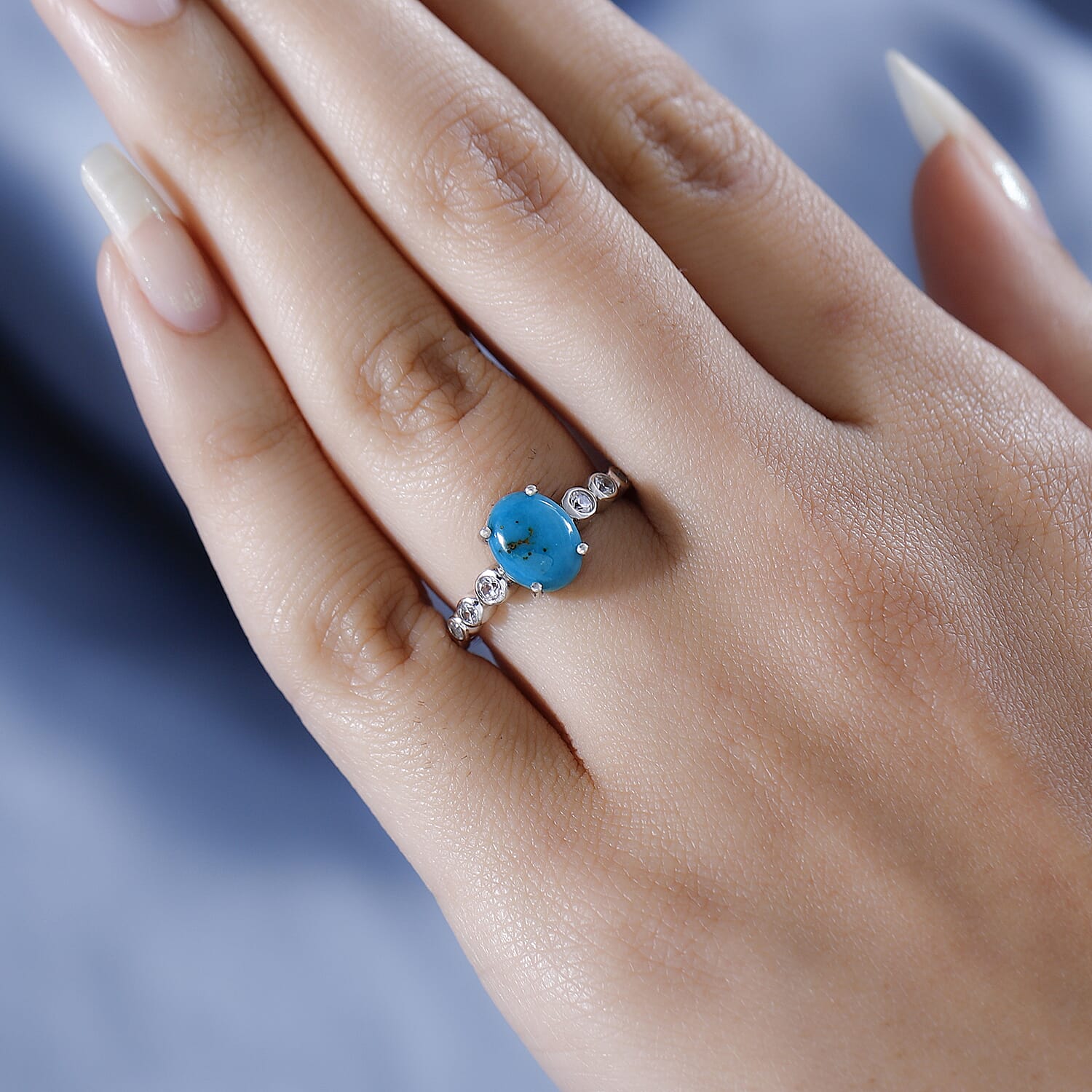 Sierra Nevada Turquoise and Natural Zircon Ring in Platinum Overlay Sterling Silver 2.25 Ct.