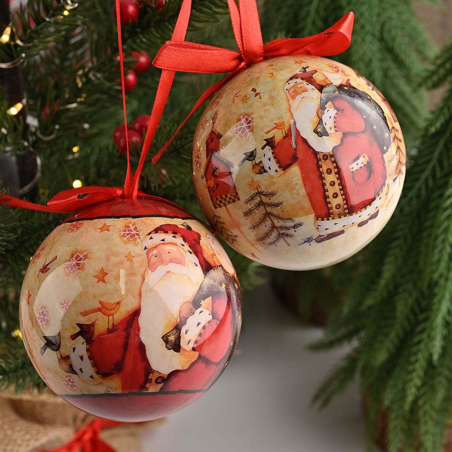 Set of 12 Santa Claus with Bird Pattern Christmas Decoration Balls with Ribbon and Gift Box- White & Red