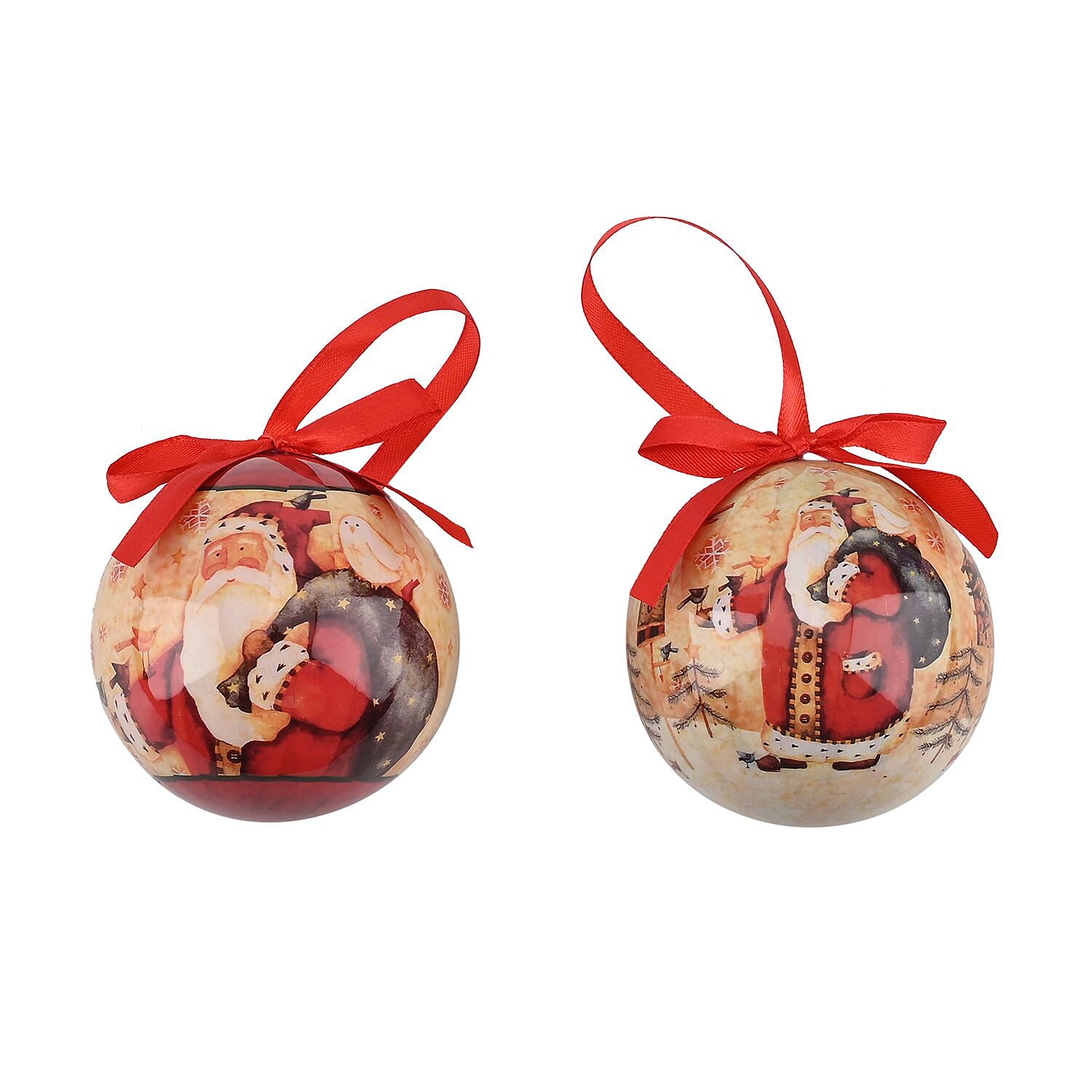 Set of 12 Santa Claus with Bird Pattern Christmas Decoration Balls with Ribbon and Gift Box- White & Red