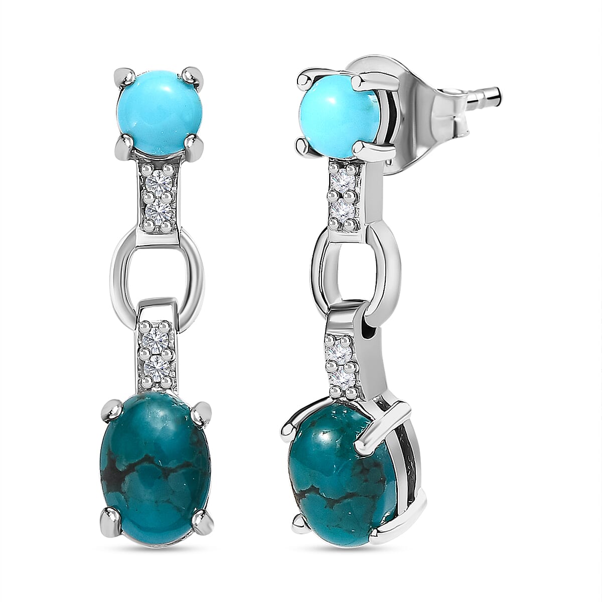 Sierra Nevada Turquoise, Natural Zircon and Arizona Sleeping Beauty Turquoise Earrings in Platinum Overlay Sterling Silver 2.52 Ct.
