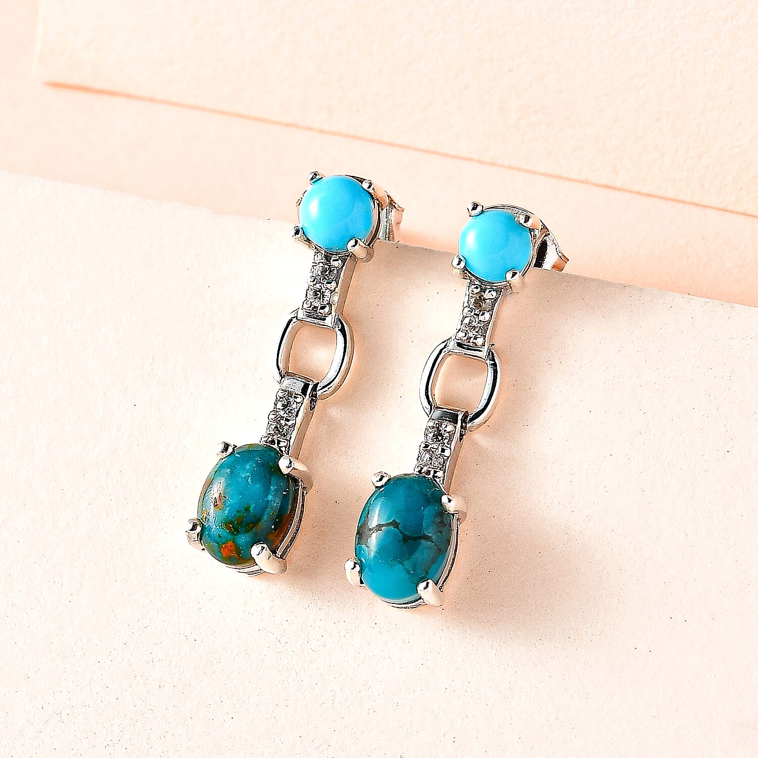 Sierra Nevada Turquoise, Natural Zircon and Arizona Sleeping Beauty Turquoise Earrings in Platinum Overlay Sterling Silver 2.52 Ct.