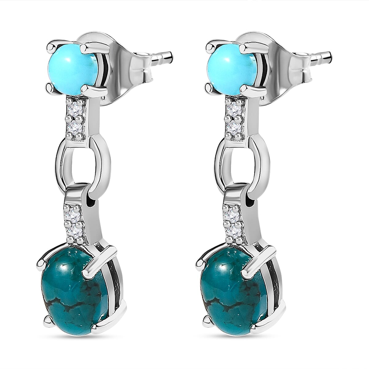 Sierra Nevada Turquoise, Natural Zircon and Arizona Sleeping Beauty Turquoise Earrings in Platinum Overlay Sterling Silver 2.52 Ct.