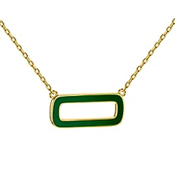 Green Enamel Rectangle Frame Necklace in Sterling Silver Yellow Gold Plated