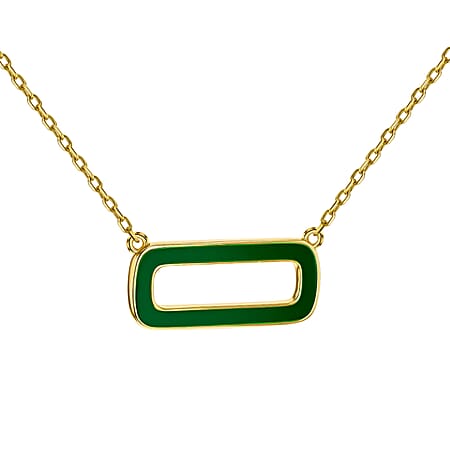 Green Enamel Rectangle Frame Necklace in Sterling Silver Yellow Gold Plated