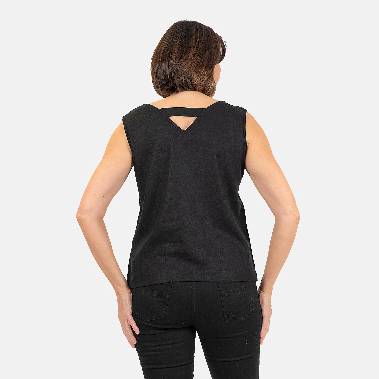 Ladies Sleeveless V-Neck Linen Top (Size 12) - Black