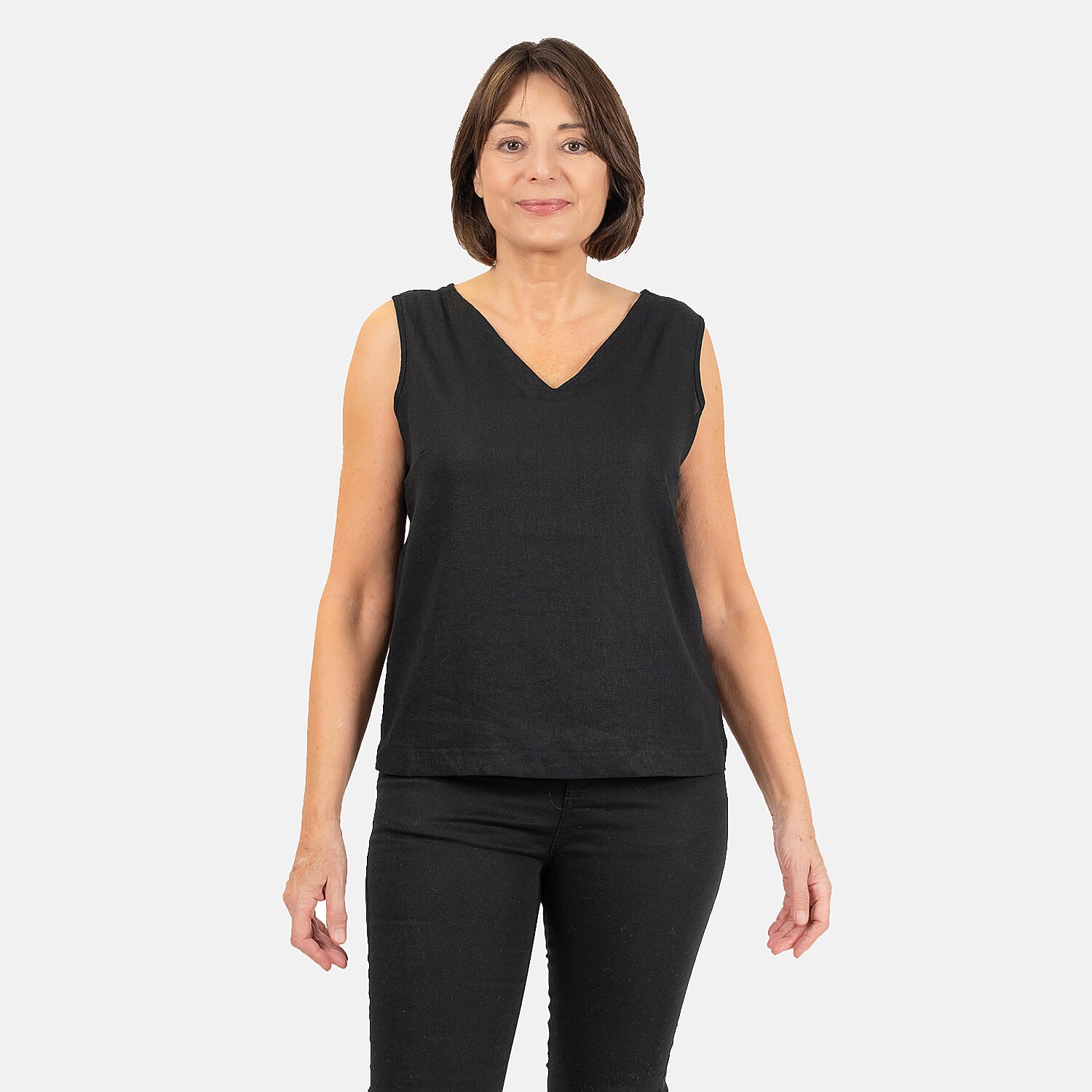 Ladies Sleeveless V-Neck Linen Top (Size 12) - Black