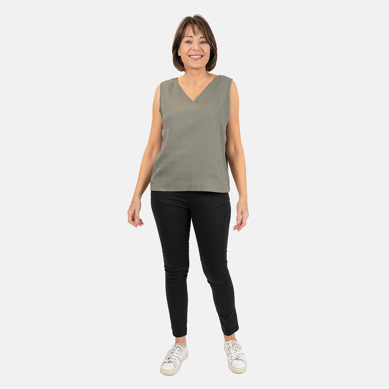 Ladies Sleeveless V-Neck Linen Top (Size 12) - Black