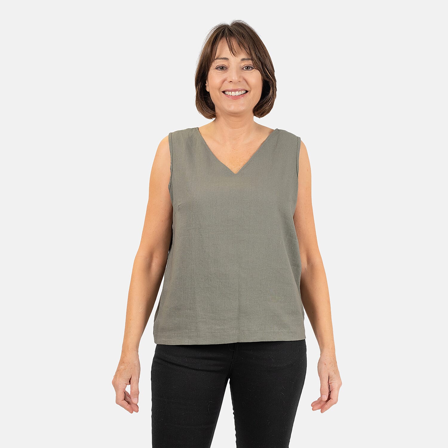 Ladies Sleeveless V-Neck Linen Top (Size 12) - Black