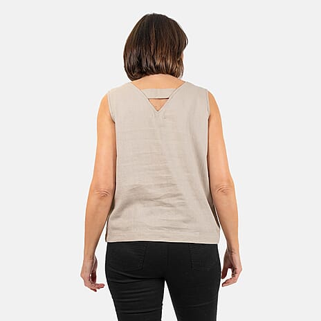 Ladies Sleeveless V-Neck Linen Top (Size 12) - Stone